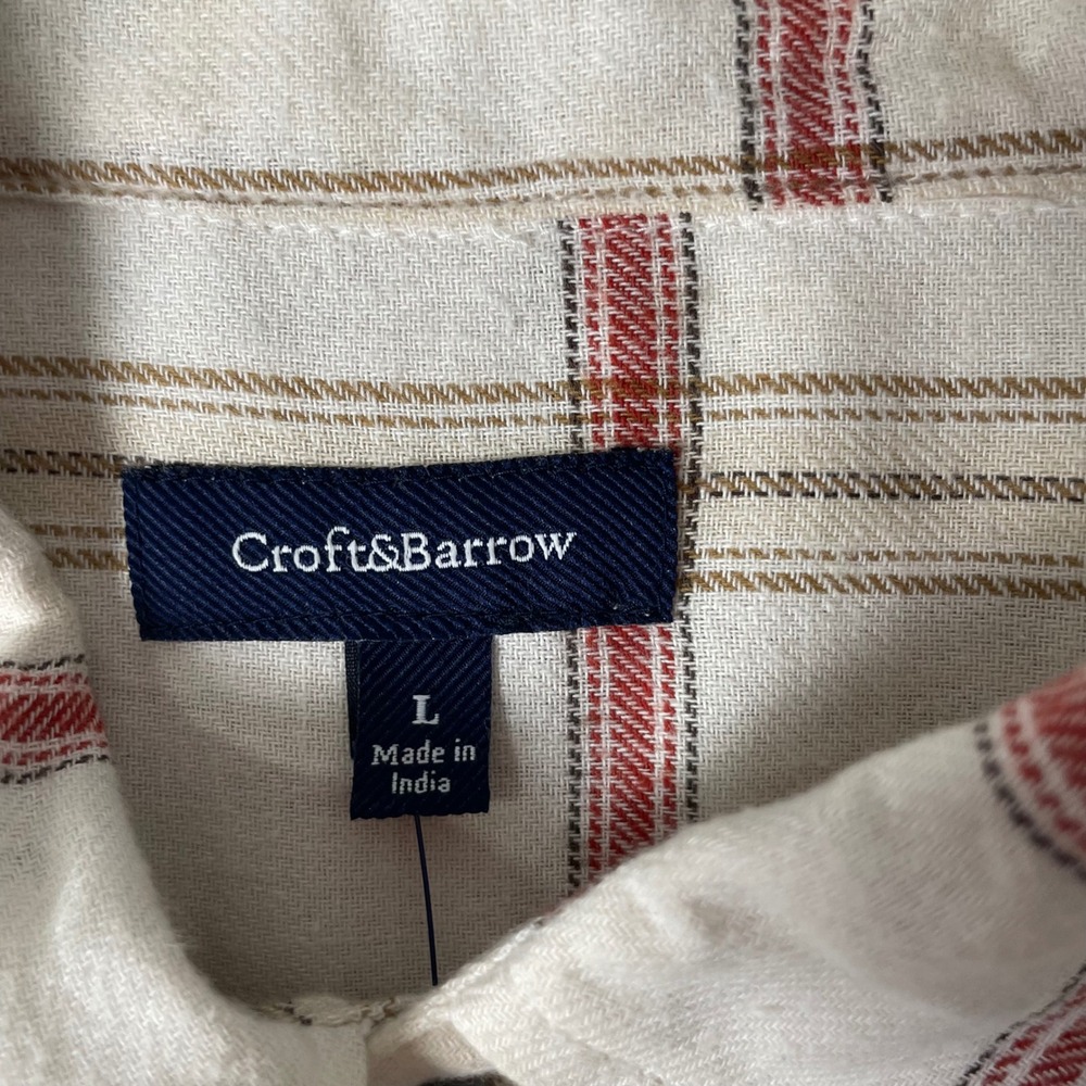 Croft and Barrow Flannel Mens Large Shirt NWT Cream Red Plaid Signature Classic - Picture 4 of 10
